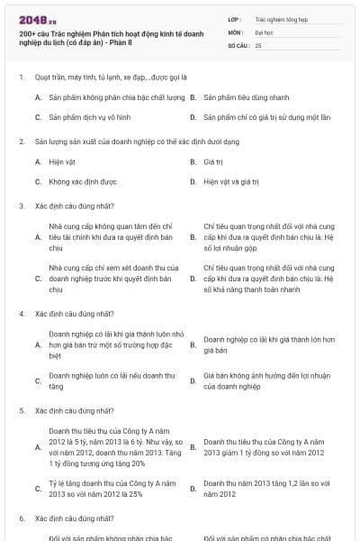 200+ câu Trắc nghiệm Phân tích hoạt động kinh tế doanh nghiệp du lịch (có đáp án) - Phần 8