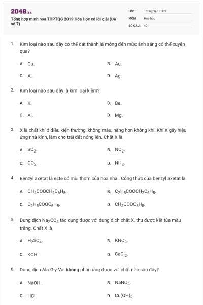 Tổng hợp minh họa THPTQG 2019 Hóa Học có lời giải (Đề số 7)