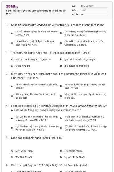 Đề thi thử THPTQG 2019 Lịch Sử cực hay có lời giải chi tiết (P6)