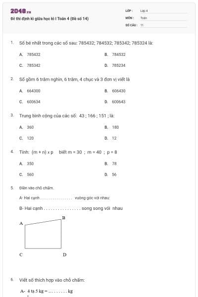 Đề thi định kì giữa học kì I Toán 4 (Đề số 14)