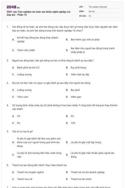 500+ câu Trắc nghiệm An toàn sức khỏe nghề nghiệp (có đáp án) - Phần 16