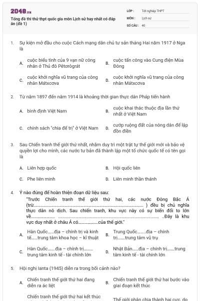 Tổng đề thi thử thpt quốc gia môn Lịch sử hay nhất có đáp án (đề 1)