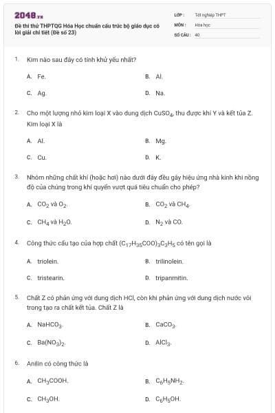 Đề thi thử THPTQG Hóa Học chuẩn cấu trúc bộ giáo dục có lời giải chi tiết (Đề số 23)
