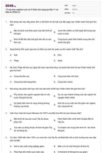 15 câu trắc nghiệm Lịch sử 9 Chân trời sáng tạo Bài 11 có đáp án (Phần 2)