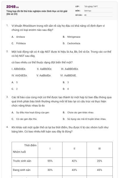 Tổng hợp đề thi thử trắc nghiệm môn Sinh Học có lời giải (Đề số 24)