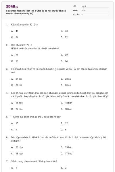 8 câu trắc nghiệm Toán lớp 3 Chia số có hai chữ số cho số có một chữ số (có đáp án)