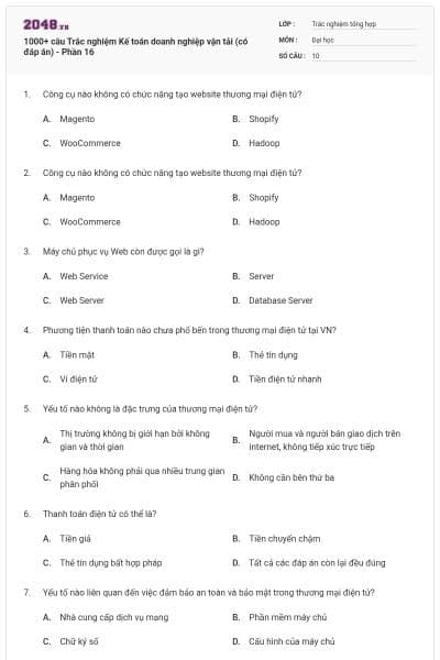 1000+ câu Trắc nghiệm Kế toán doanh nghiệp vận tải (có đáp án) - Phần 16