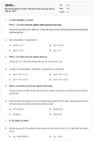 Bộ 5 đề thi giữa kì 2 Toán 7 Kết nối tri thức cấu trúc mới có đáp án - Đề 1