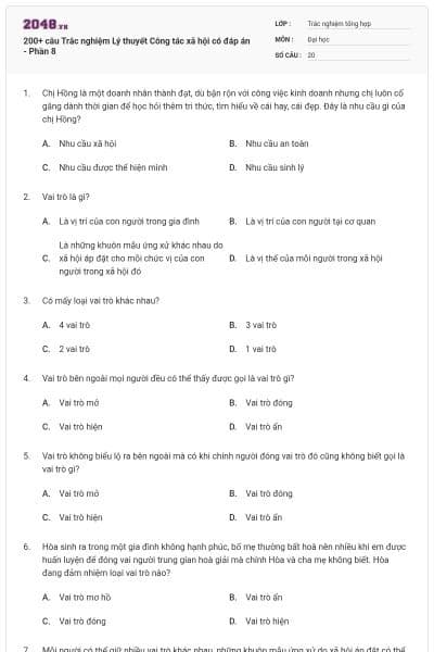 200+ câu Trắc nghiệm Lý thuyết Công tác xã hội có đáp án - Phần 8
