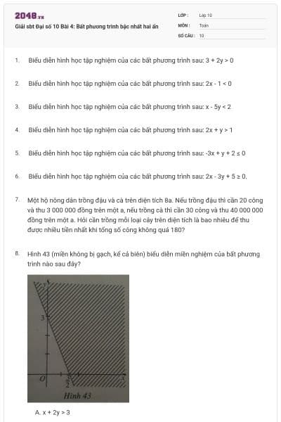 Giải sbt Đại số 10 Bài 4: Bất phương trình bậc nhất hai ẩn