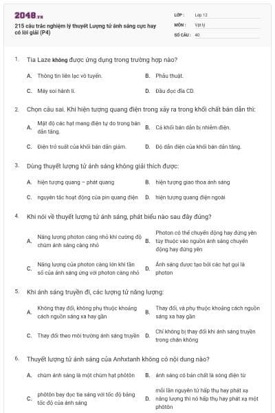 215 câu trắc nghiệm lý thuyết Lượng tử ánh sáng cực hay có lời giải (P4)
