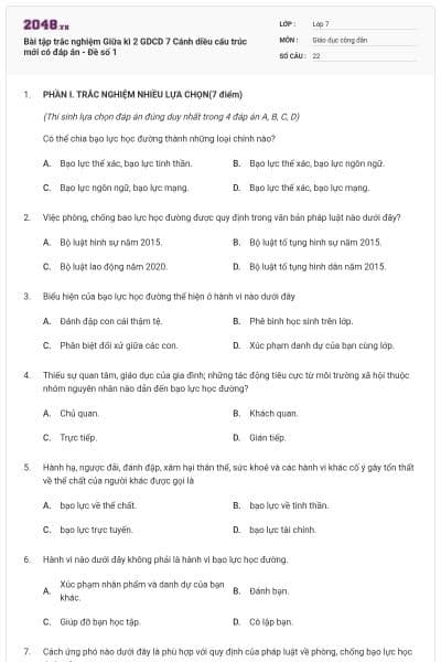 Bài tập trắc nghiệm Giữa kì 2 GDCD 7 Cánh diều cấu trúc mới có đáp án - Đề số 1