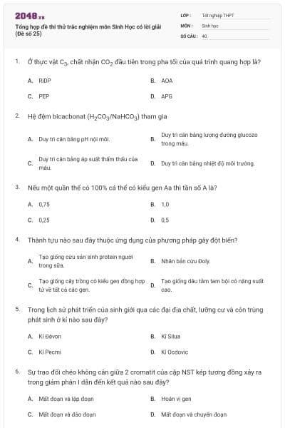 Tổng hợp đề thi thử trắc nghiệm môn Sinh Học có lời giải (Đề số 25)