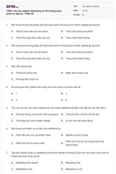 1000+ câu trắc nghiệm Marketing và Thị trường dược phẩm có đáp án - Phần 48