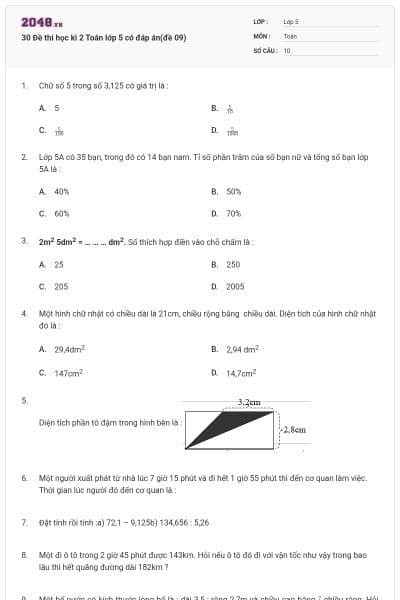 30 Đề thi học kì 2 Toán lớp 5 có đáp án(đề 09)