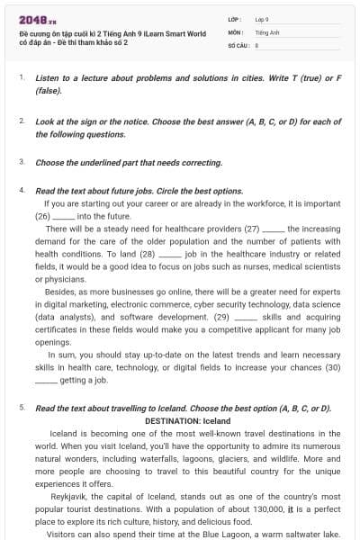 Đề cương ôn tập cuối kì 2 Tiếng Anh 9 iLearn Smart World có đáp án  - Đề thi tham khảo số 2