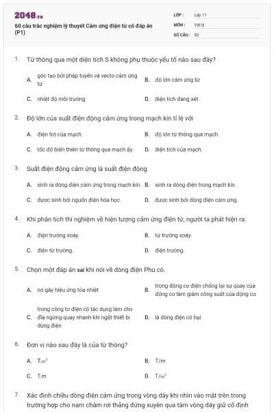 60 câu trắc nghiệm lý thuyết Cảm ứng điện từ có đáp án (P1)