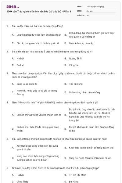 300+ câu Trắc nghiệm Du lịch văn hóa (có đáp án) - Phần 3