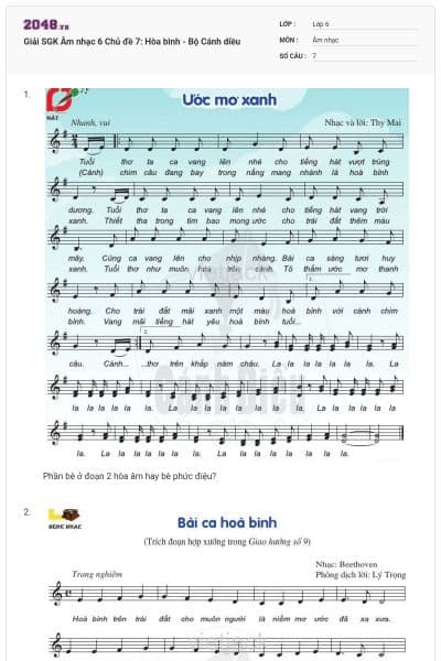 Giải SGK Âm nhạc 6 Chủ đề 7: Hòa bình - Bộ Cánh diều