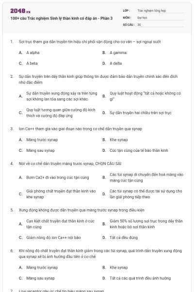 100+ câu Trắc nghiệm Sinh lý thần kinh có đáp án - Phần 3