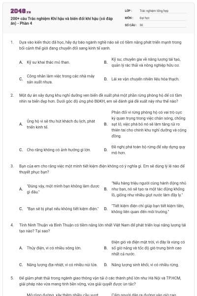 200+ câu Trắc nghiệm Khí hậu và biến đổi khí hậu (có đáp án) - Phần 4