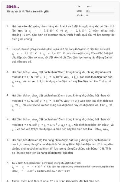 Bài tập Vật Lí 11: Tĩnh điện (có lời giải)