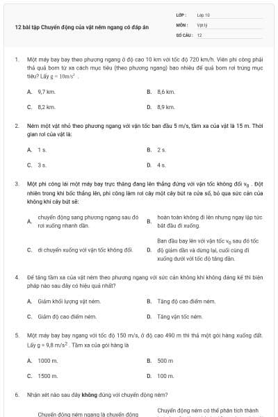 12 bài tập Chuyển động của vật ném ngang có đáp án