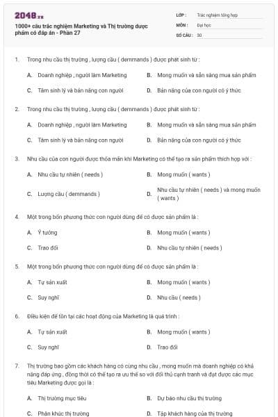 1000+ câu trắc nghiệm Marketing và Thị trường dược phẩm có đáp án - Phần 27
