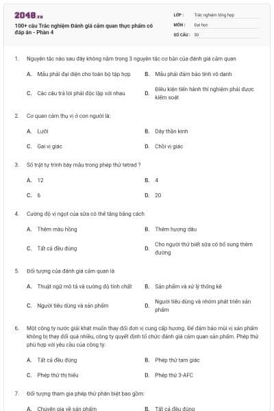 100+ câu Trắc nghiệm Đánh giá cảm quan thực phẩm có đáp án - Phần 4