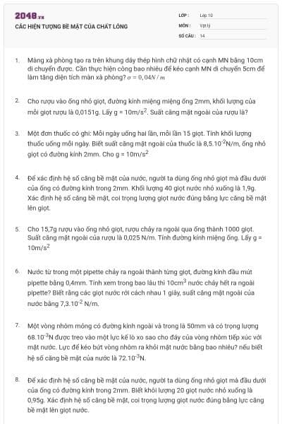CÁC HIỆN TƯỢNG BỀ MẶT CỦA CHẤT LỎNG