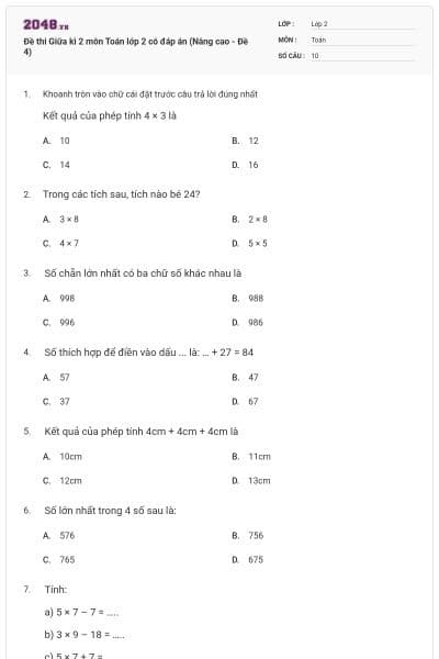 Đề thi Giữa kì 2 môn Toán lớp 2 có đáp án (Nâng cao - Đề 4)