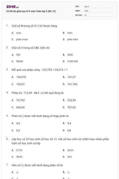22 Đề thi giữa học kì II môn Toán lớp 5 (Đề 12)