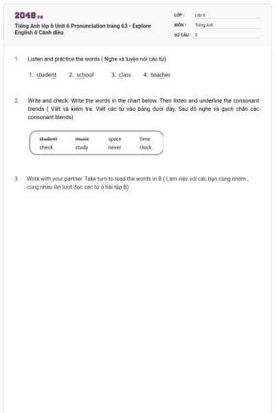 Tiếng Anh lớp 6 Unit 6 Pronunciation trang 63 - Explore English 6 Cánh diều