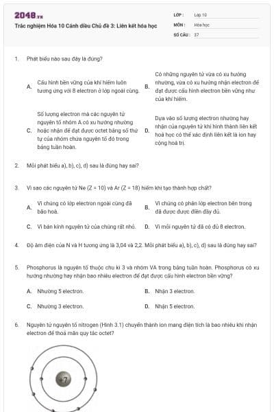 Trắc nghiệm Hóa 10 Cánh diều Chủ đề 3: Liên kết hóa học