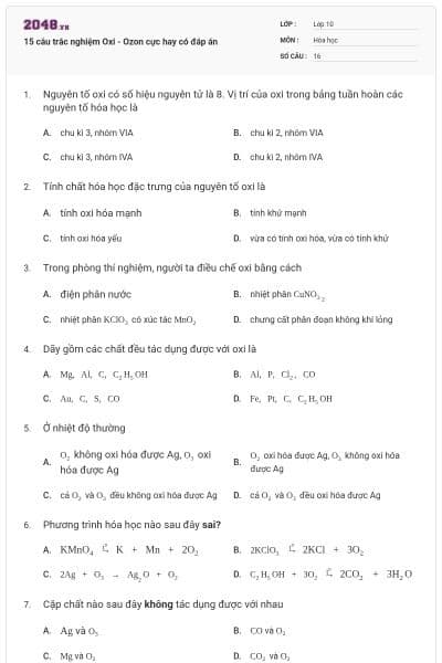 15 câu trắc nghiệm Oxi - Ozon cực hay có đáp án