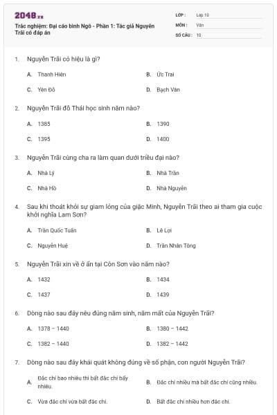 Trắc nghiệm: Đại cáo bình Ngô - Phần 1: Tác giả Nguyễn Trãi có đáp án