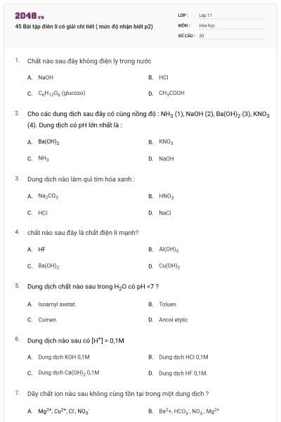 45 Bài tập điên li có giải chi tiết ( mức độ nhận biết p2)