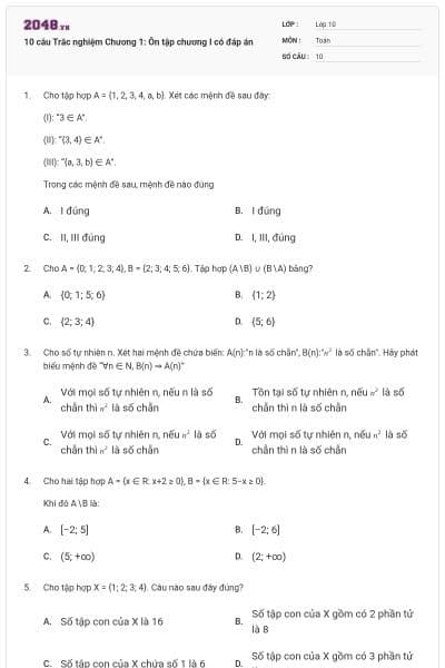 10 câu Trắc nghiệm Chương 1: Ôn tập chương I có đáp án