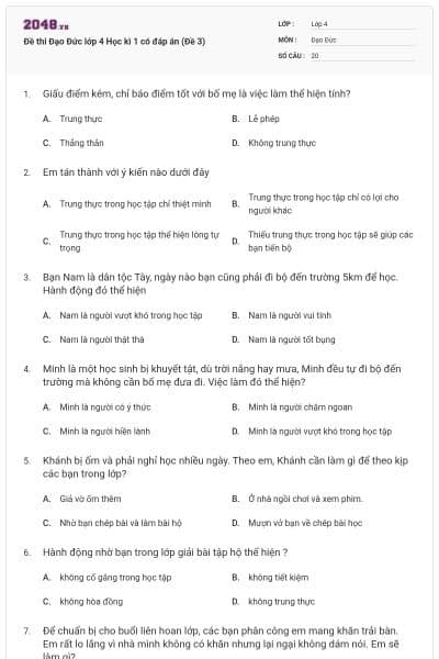 Đề thi Đạo Đức lớp 4 Học kì 1 có đáp án (Đề 3)