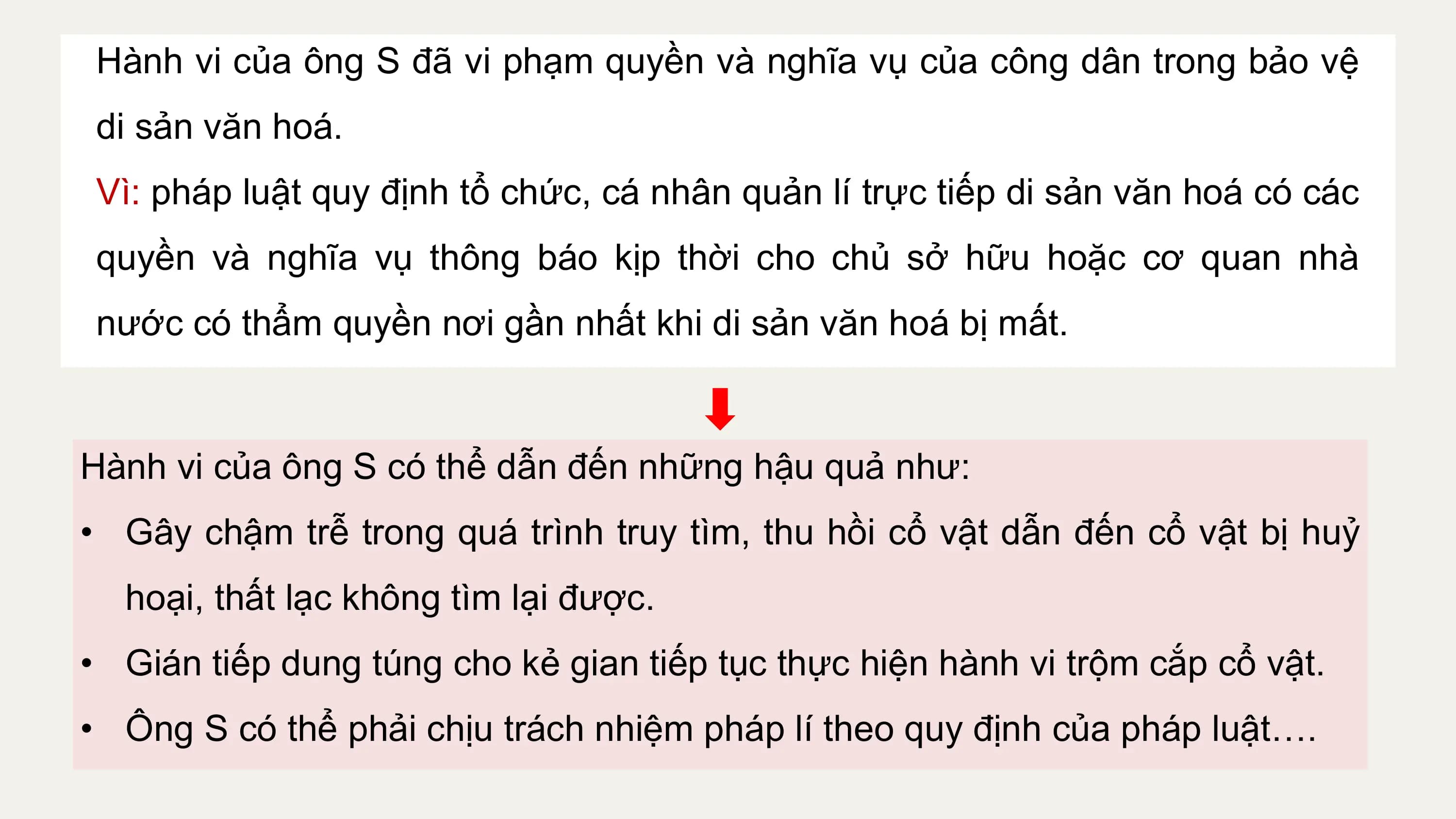 Hành vi của ông S đã vi phạm quyền và nghĩa vụ của công dân trong bảo vệ
 di sản văn hoá.
 Vì: pháp luật quy định tổ chức, cá nhân quản lí trực tiếp di sản văn hoá có các
 quyền và nghĩa vụ thông báo kịp thời cho chủ sở hữu hoặc cơ quan nhà
 nước có thẩm quyền nơi gần nhất khi di sản văn hoá bị mất.

Hành vi của ông S có thể dẫn đến những hậu quả như:
• Gây chậm trễ trong quá trình truy tìm, thu hồi cổ vật dẫn đến cổ vật bị huỷ
 hoại, thất lạc không tìm lại được.
• Gián tiếp dung túng cho kẻ gian tiếp tục thực hiện hành vi trộm cắp cổ vật.
• Ông S có thể phải chịu trách nhiệm pháp lí theo quy định của pháp luật….