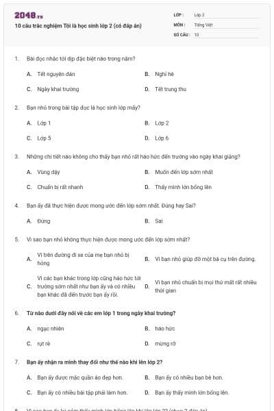 10 câu trắc nghiệm Tôi là học sinh lớp 2 (có đáp án)