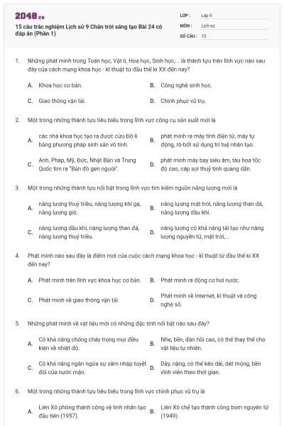 15 câu trắc nghiệm Lịch sử 9 Chân trời sáng tạo Bài 24 có đáp án (Phần 1)