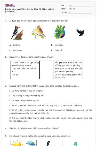 Bài tập hàng ngày Tiếng Việt lớp 3 Bài 26. Đi tìm mặt trời (có đáp án)