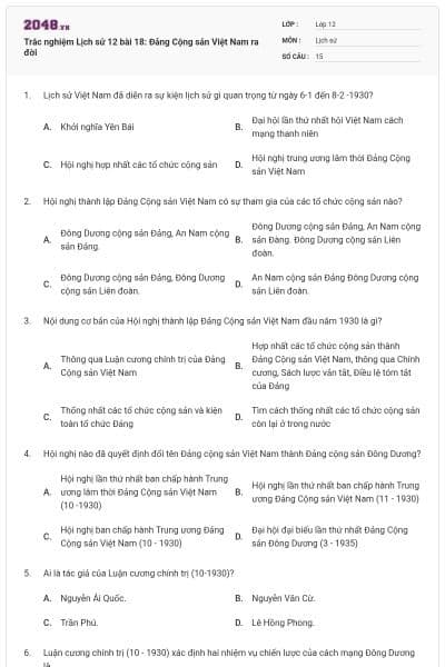 Trắc nghiệm Lịch sử 12 bài 18: Đảng Cộng sản Việt Nam ra đời