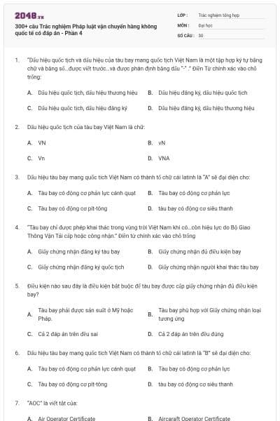 300+ câu Trắc nghiệm Pháp luật vận chuyển hàng không quốc tế có đáp án - Phần 4