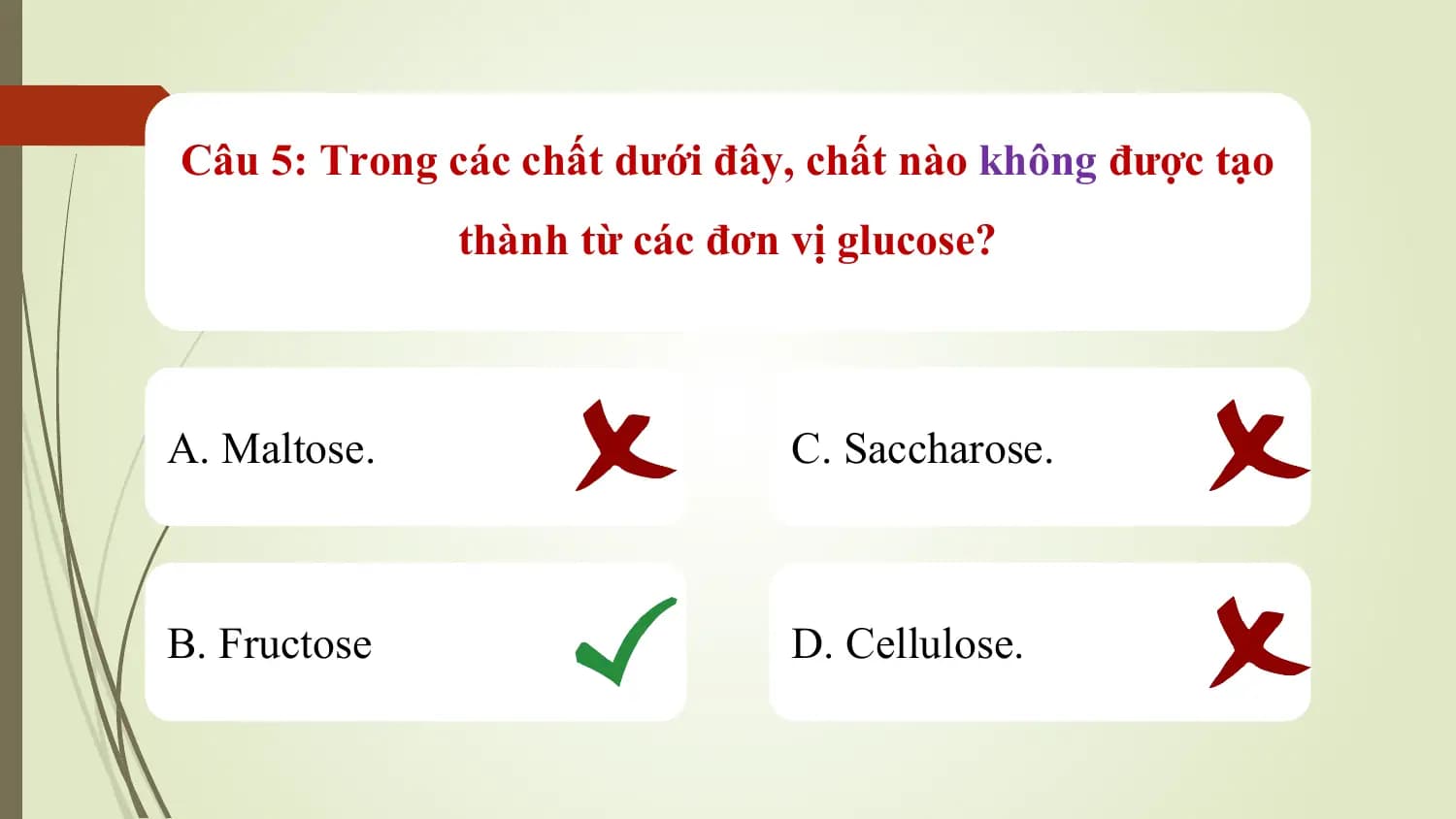 Câu 5: Trong các chất dưới đây, chất nào không được tạo
 thành từ các đơn vị glucose?

A. Maltose. C. Saccharose.

B. Fructose D. Cellulose.