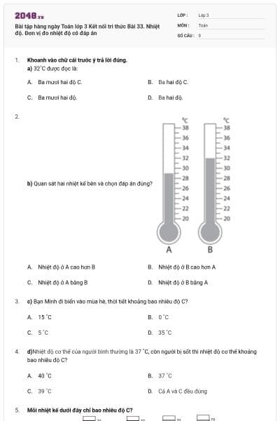 Bài tập hàng ngày Toán lớp 3 Kết nối tri thức Bài 33. Nhiệt độ. Đơn vị đo nhiệt độ có đáp án