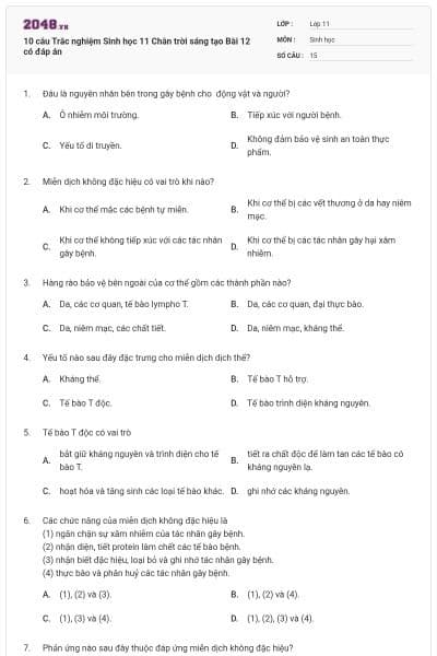 10 câu Trắc nghiệm Sinh học 11 Chân trời sáng tạo Bài 12 có đáp án
