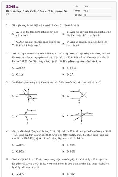 Đề thi vào lớp 10 môn Vật Lí có đáp án (Trắc nghiệm - Đề 7)