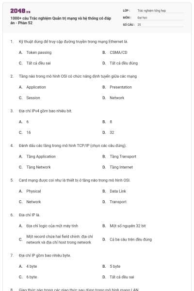 1000+ câu Trắc nghiệm Quản trị mạng và hệ thống có đáp án - Phần 52